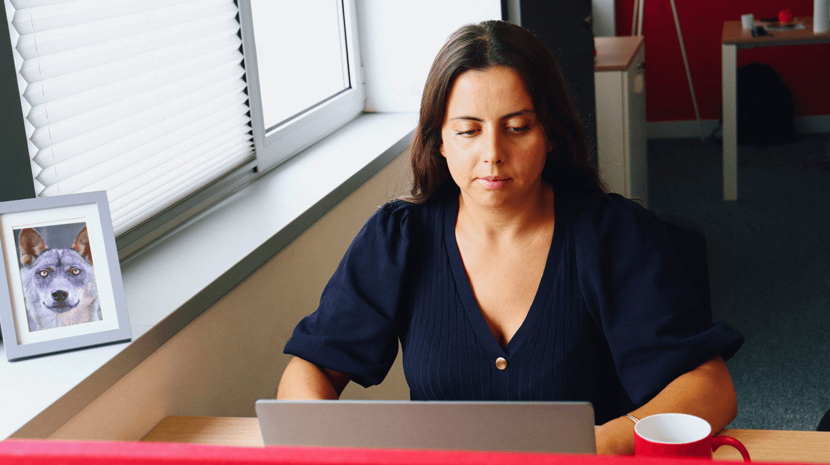 image of a young woman working on her laptop. On the right side, in the window frame, we can see a frame with a photograph of a wolf. In the background, we can see the office in tones of white, black and red.